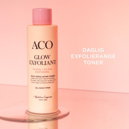 Ihohoitopullo nimeltä ACO Glow Exfoliant, ohjeet norjaksi, vaaleanpunaisella taustalla.
