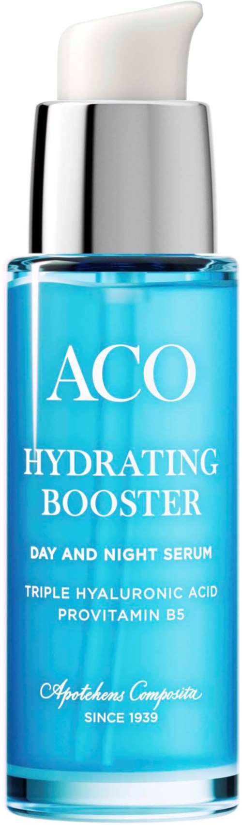 Sininen lasipullo, jossa on valkoinen pumppu, ja siinä lukee 'ACO Hydrating Booster' päiväksi ja yölle.