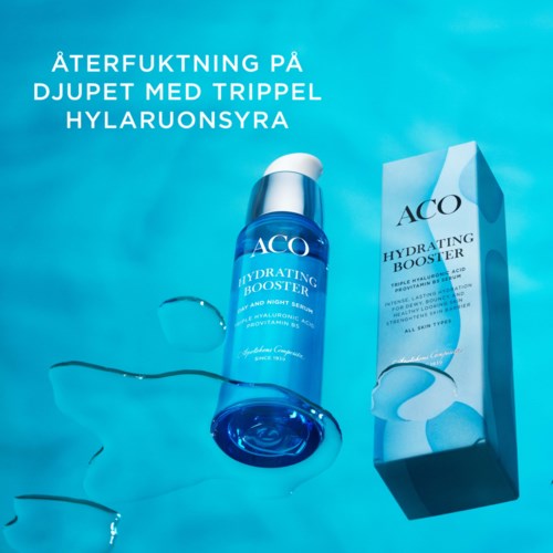 Sininen pullo labeled ACO Hydrating Booster vieressään pakkauksensa, vedenpisaroita ja vaaleansinisellä taustalla.