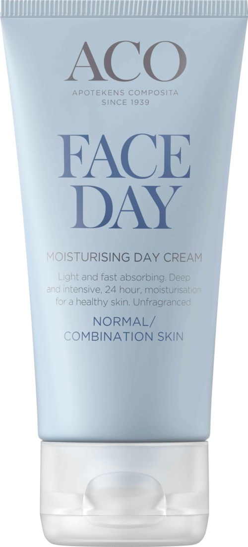 En ljusblå tube med ansiktskräm märkta 'ACO Face Day', för normal eller blandad hud, främjar återfuktning och hudhälsa.