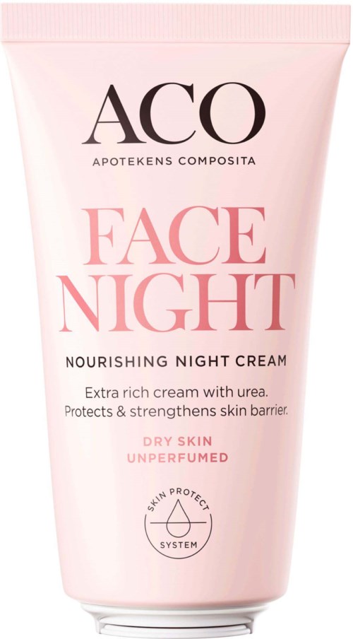 Eine rosa Tube mit nährender Nachtcreme für trockene Haut, enthält Harnstoff, schützt die Hautbarriere und ist parfumfrei. Logo sagt 'ACO'.