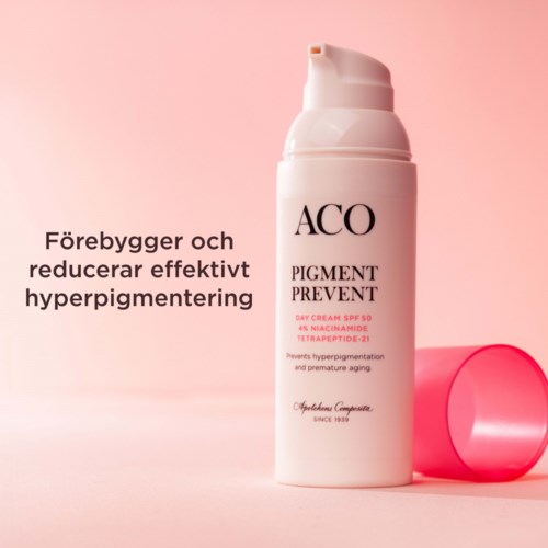 A white bottle of ACO pigment prevent day cream with pink lid, against a pink background.