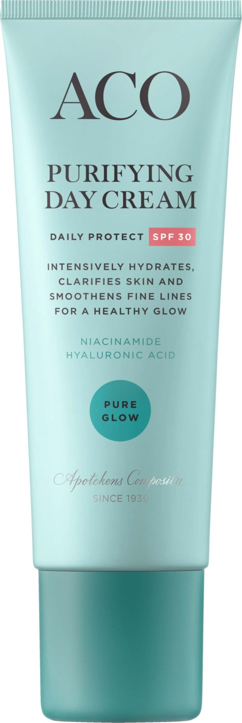 En tub med ACO Purifying Day Cream med SPF 30, som hydraterar, clarifierar och jämnar ut huden för en hälsosam lyster.