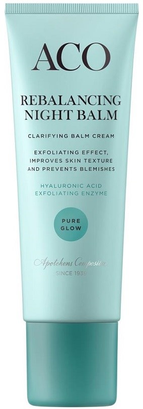putkilallinen ACQ Rebalancing Night Balm vaaleansinisessä pakkauksessa, joka kuvaa sen hyötyjä iholle ja hehkuun.