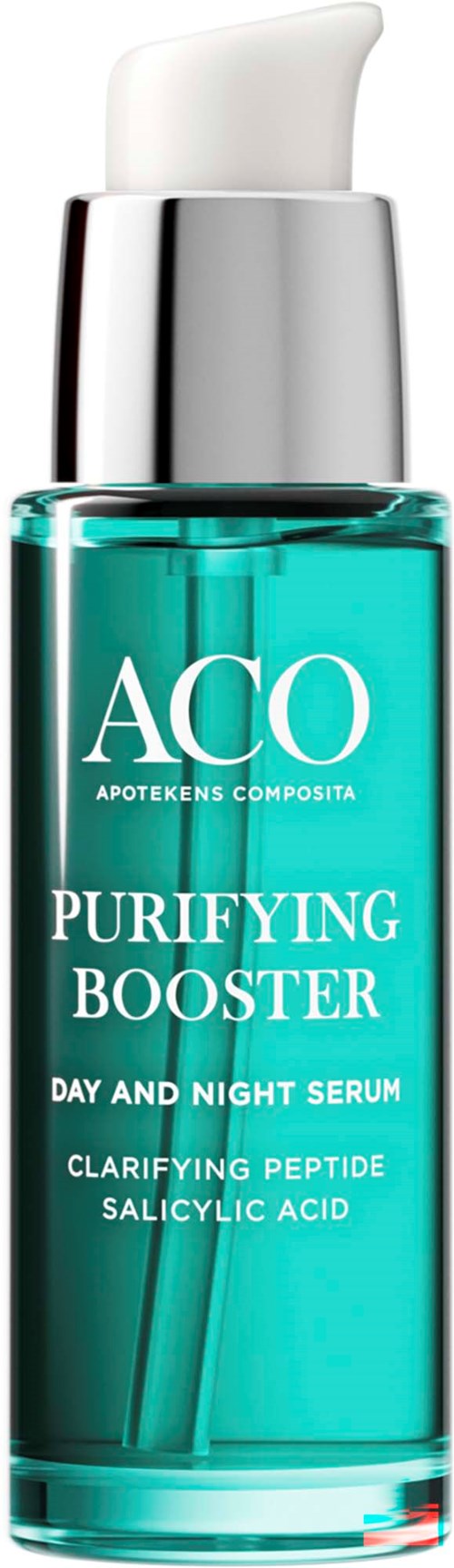 Grön flaska med vit pump som påstår att den renar huden med peptider och syror för dag och natt.