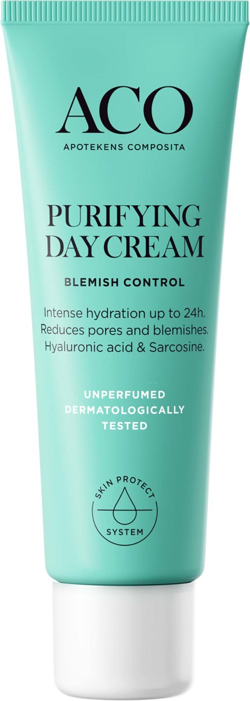 En ljusgrön tub med ACO Purifying Day Cream som ger fukt och bekämpar akne med naturliga ingredienser.