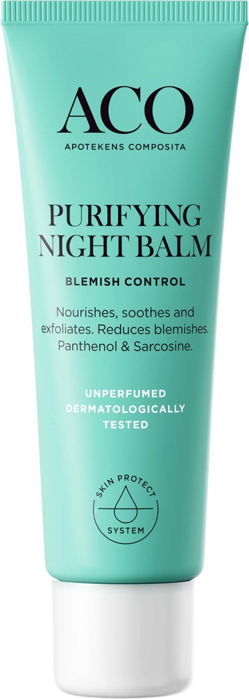 A teal tube of ACO Purifying Night Balm, designed for blemish control and skin nourishment.