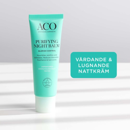 A green tube of night balm for skin blemish control, with a label describing its soothing and calming properties.