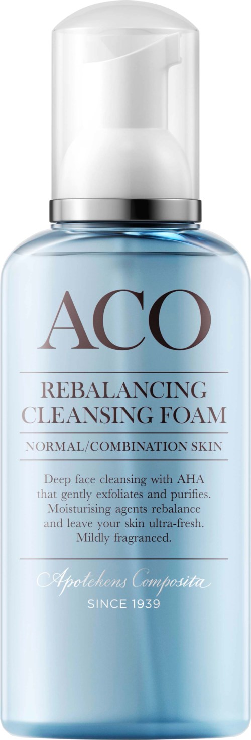 A bottle of ACO Rebalancing Cleansing Foam, designed for normal and combination skin, with a white pump and blue label.