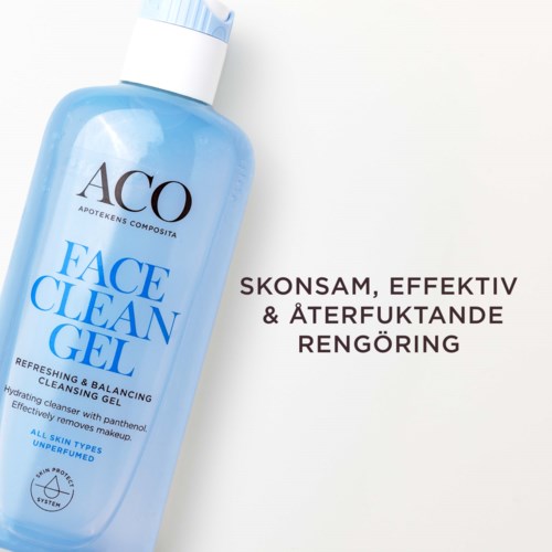 A blue bottle of face cleansing gel with text highlighting effectiveness, balancing, and skin type suitability.