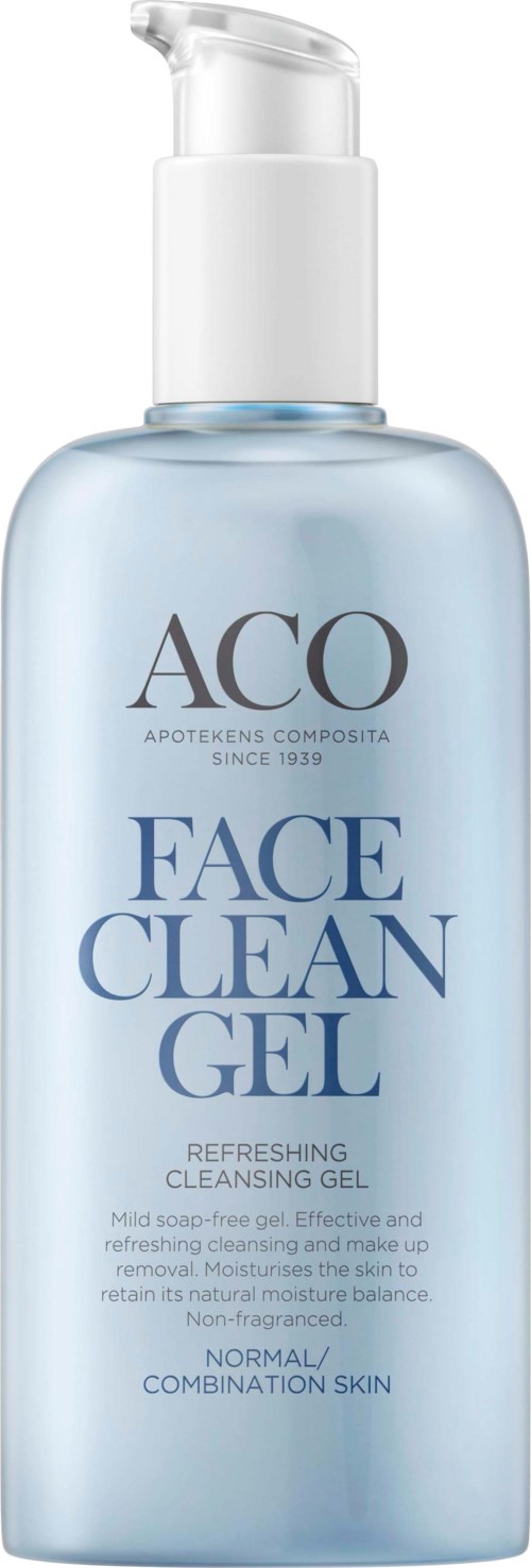 En ljusblå flaska med pump, märkt 'Aco Face Clean Gel' för normal och kombinationshud.