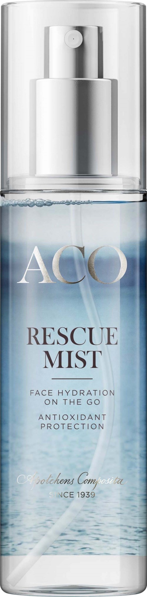 A clear bottle with blue liquid, labeled 'Rescue Mist' for face hydration and protection, with a pump top.