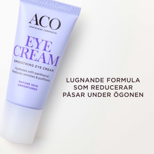 En tube øjencreme med lilla og hvid emballage, som siger den fugtgiver og mindsker rynker. Teksten forklarer dens fordele.