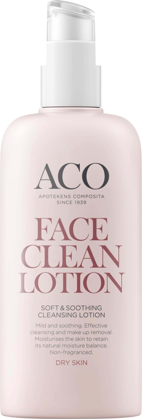 En mjuk rosa flaska med vit pump märkt 'ACO Face Clean Lotion' för torr hud. Det är en rengöringslotion.