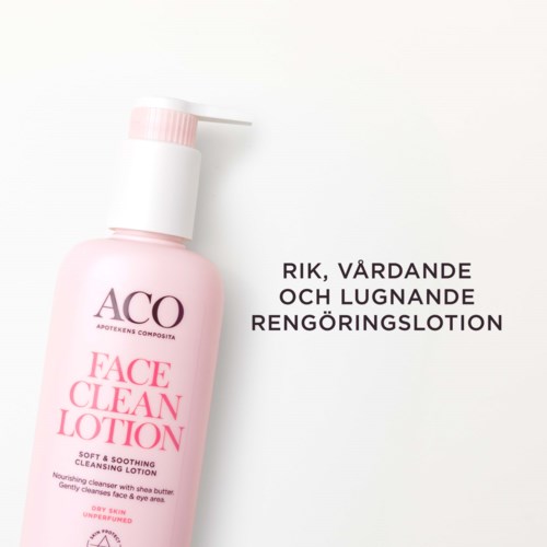 En rosa flaska med ansiktslotion med pump, märkt för rengöring och lugnande av ansiktet, med extra text.