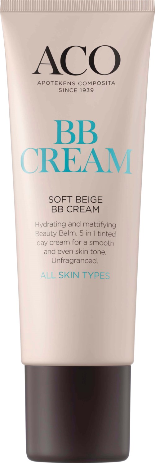 A soft beige BB cream tube from ACO with black cap, labeled for all skin types, hydration, and matte finish.