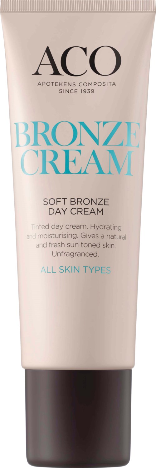 En tub med ACO Bronze Cream, en mjuk bronze dagkräm för alla hudtyper som återfuktar och lyser upp huden.