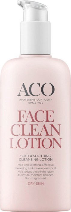 En rosa flaska med vitt pumpmunstycke märkt 'ACO Face Clean Lotion' för torr hud, hjälper till att rengöra och lugna huden.