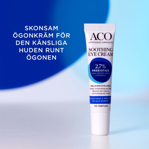 Eine beruhigende Augencreme in einer weißen Tube mit blauer und lila Gestaltung, für empfindliche Haut, ohne Parfüm.