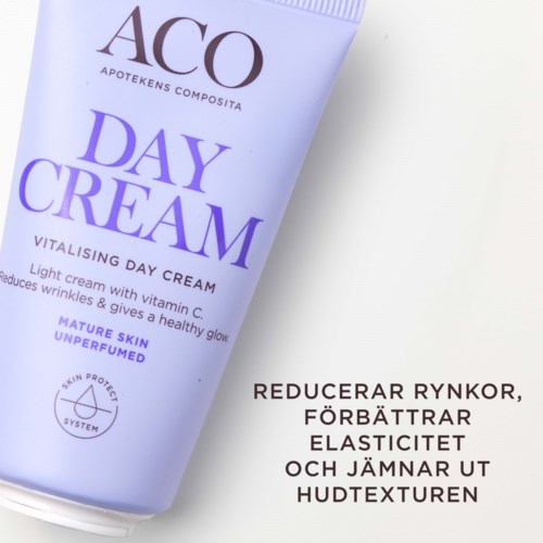 A light purple tube of day cream labeled 'ACO Day Cream' with benefits for healthy, young skin. It is unscented.