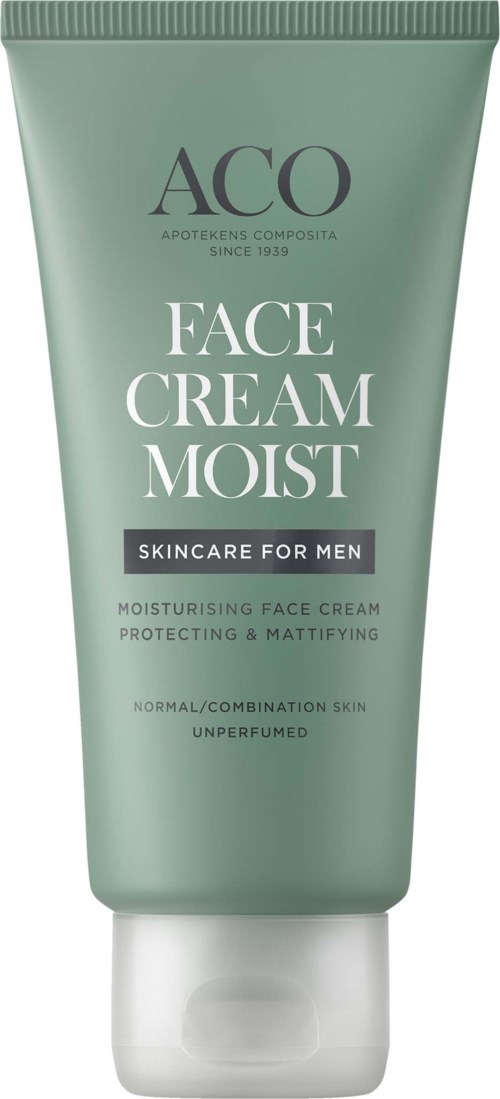 En grön tub med ansiktskräm märkt 'ACO FACE CREAM MOIST' för män, som fokuserar på återfuktning, skydd och mattande av huden.