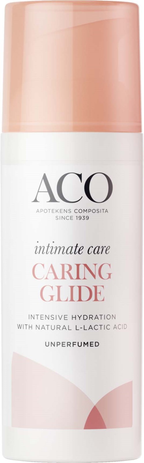 En vit flaska med ljus persikofärgad kork, märkt 'ACO' och 'Caring Glide' för intimvård, parfymfri.