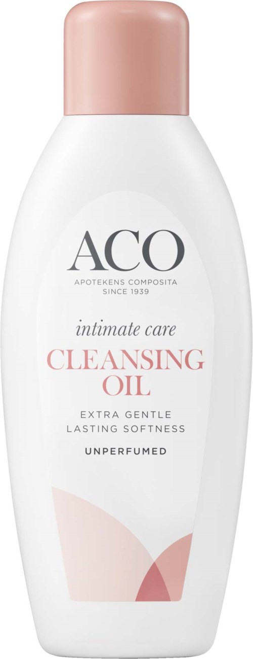 Valkoinen pullo, jossa vaaleanpunainen kansi ja teksti 'ACO intimate care cleansing oil' herkälle, hajusteettomalle ihonpuhdistukselle.
