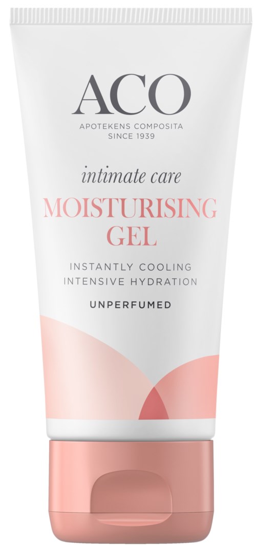 En vit och rosa tub med ACO intimvård fuktgivande gel, som är avsedd att kyla och återfukta huden.