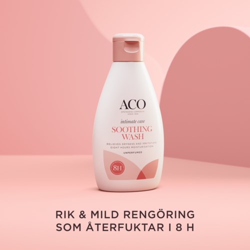 En hvid flaske med lyserødt låg, mærket 'ACO intimate care soothing wash,' mod en lyserød baggrund.