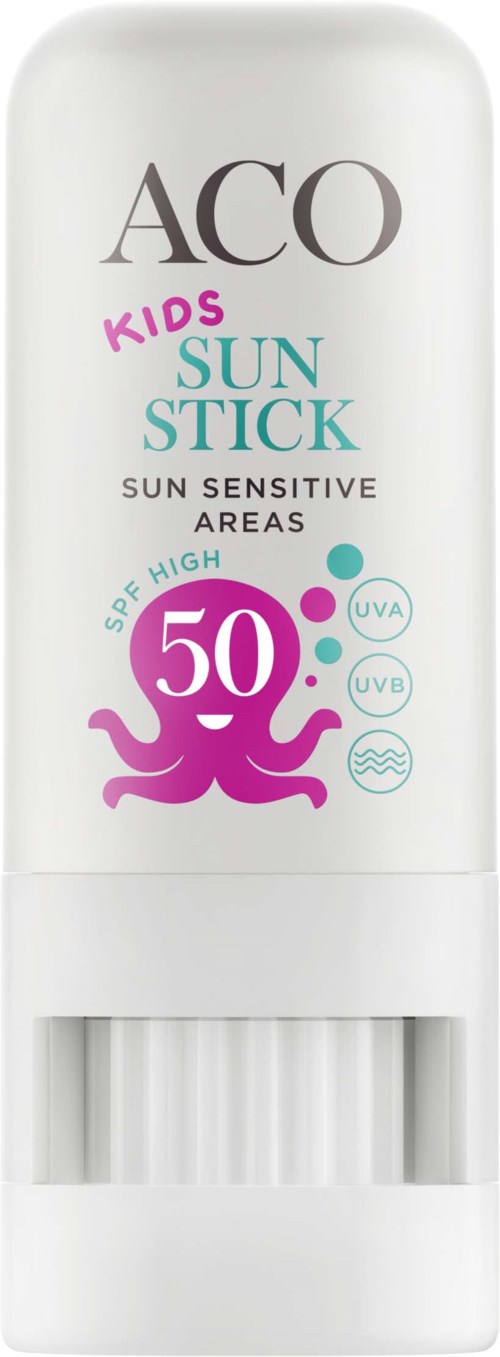 Valkoinen aurinkosuojasetti lapsille, SPF 50, pehmeä mustekala-logo ja suojaa herkkiä ihoalueita.