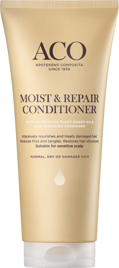 A bottle of ACO Moist & Repair Conditioner for hair, with a light beige design and black and white text.