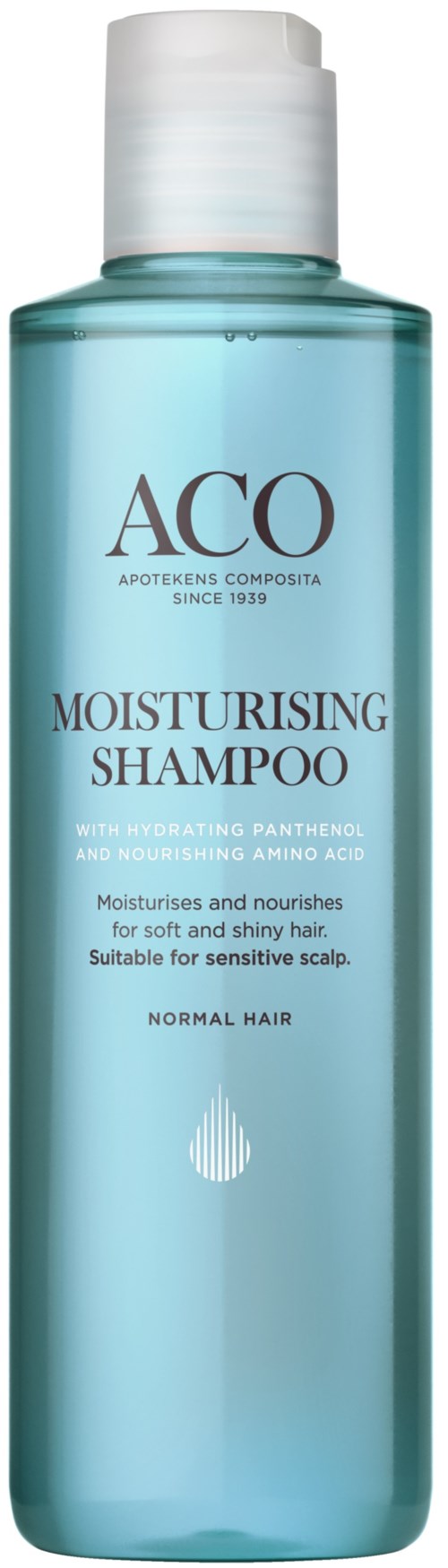 A clear, tall bottle with white cap, labeled ACO Moisturising Shampoo, for normal hair, nourishing and suitable for sensitive skin.