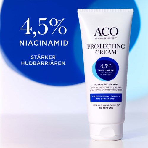 En tub med ACO Protecting Cream med 4,5 % Niacinamide på en blå och vit bakgrund.