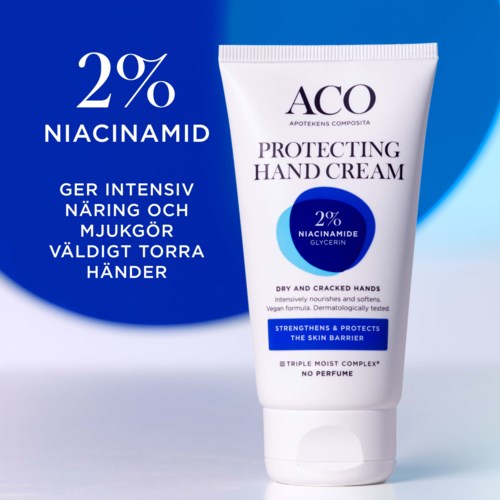 A hand cream tube with blue and white packaging, highlighting 2% Niacinamide for dry, cracked hands.