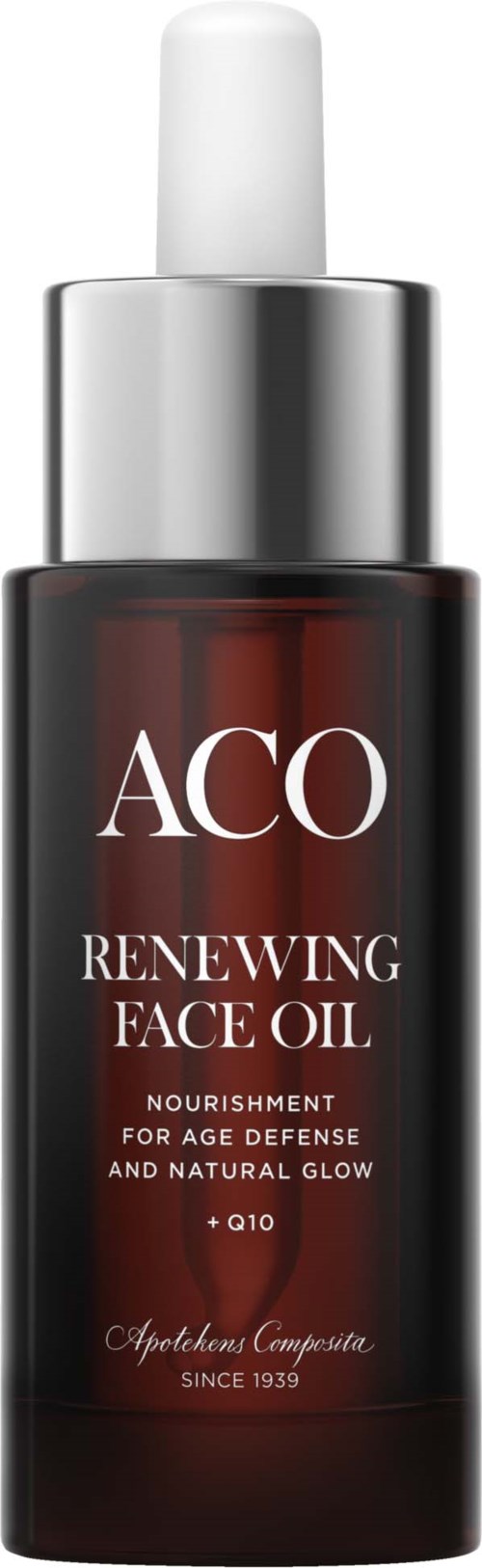 Een donker flesje met witte pipetdop, met label 'ACO Renewing Face Oil' voor huidverzorging en glans.