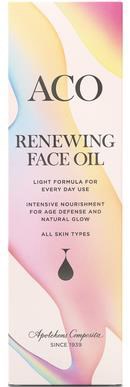 En kosmetiketikett med 'ACO Renewing Face Oil', ljusa färger, produktfördelar och en droppsymbol.