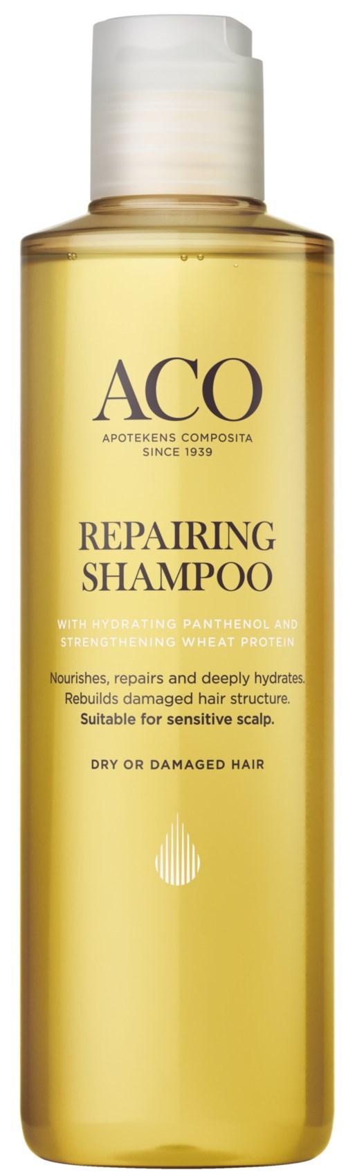 A yellow bottle of repairing shampoo from ACQ with a white cap, for dry or damaged hair.