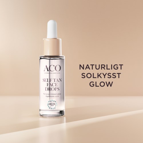 A clear dropper bottle with beige cap, labeled 'ACO Self Tan Face Drops,' and text about natural and glowing skin.
