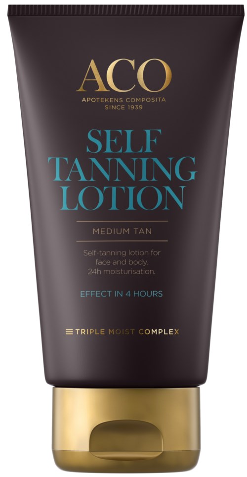Bilden visar ett svart tub med brun utan sol-lotion med guld- och blå text för medelbrun hud.