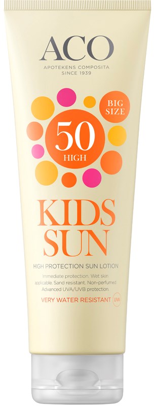 Solkräm för barn med SPF 50, stor storlek, vattentät och hög skyddsnivå. Ljusa och färgglada designen.