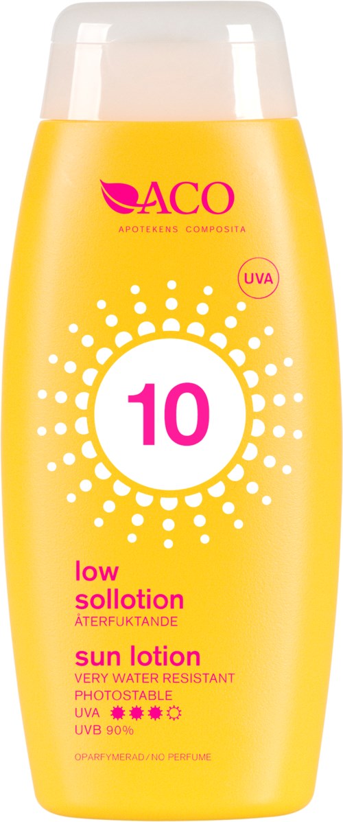 Gul solkrämflaska med rosa och vita texter, nummer 10, och solskyddsdetaljer.