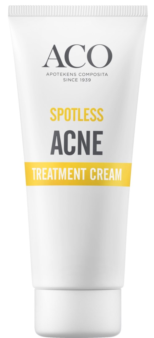 En vit tub med acnebehandlingskräm märkt "ACO Spotless Acne Treatment Cream."
