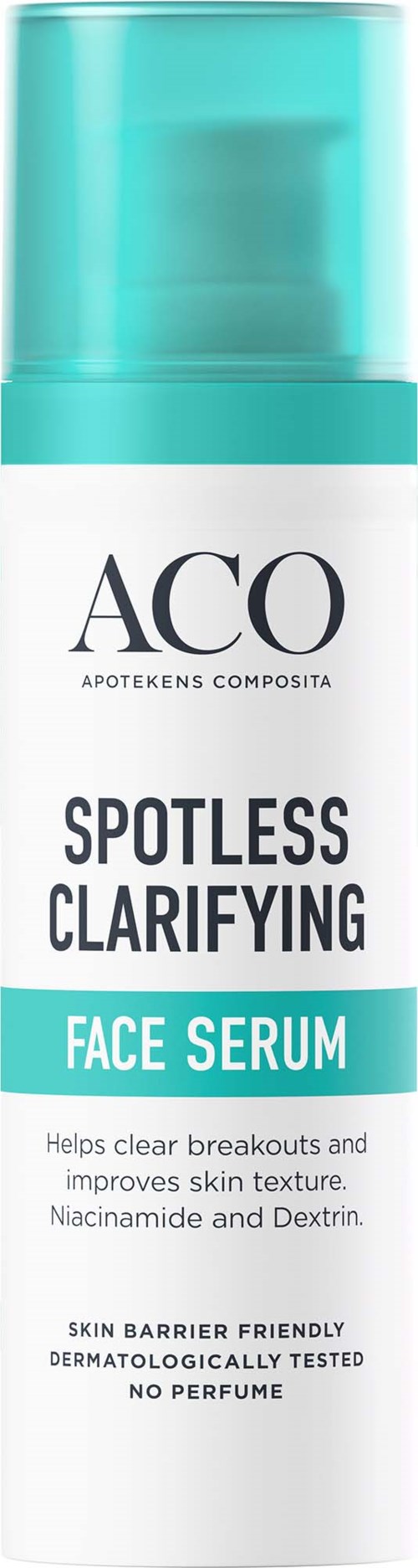 Eine Flasche Gesichtsserum mit dem Label Spotless Clarifying, hilft bei Hautunreinheiten und verbessert die Hautstruktur mit Niacinamid.