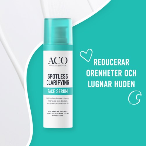Eine Flasche Gesichtsserum namens Spotless Clarifying von ACO mit weißem und türkisfarbenem Design. Es verspricht klarere Haut.