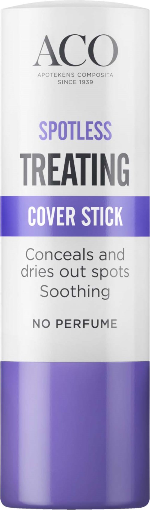 Valkoinen ja lilainen pullo, jossa lukee ACQ spot treatment cover stick, ei tuoksua, rauhoittava vaikutus.