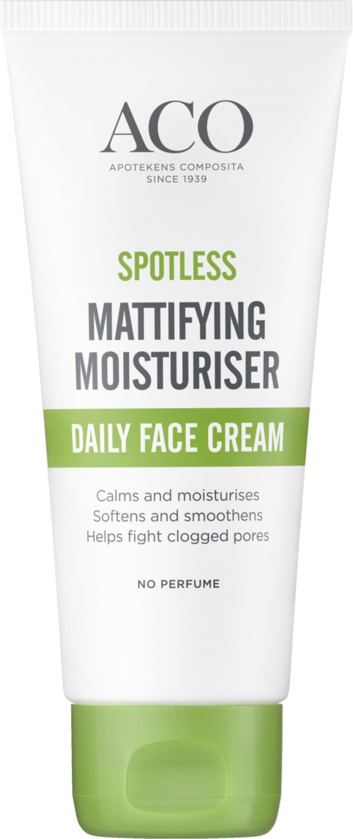 A white tube of face cream with green accents, named ACO Spotless Mattifying Moisturiser, designed for daily use.