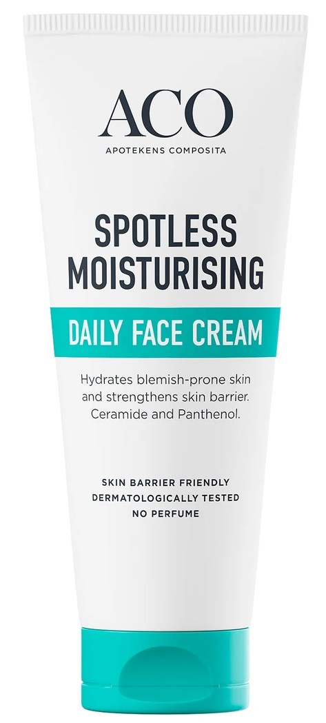 En vit tub med ACO Spotless Moisturising Daily Face Cream med blå detaljer och svart text.