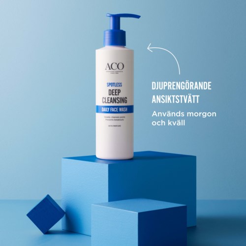 Eine weiße Flasche mit blauer Pumpe für die Tiefenreinigung des Gesichts, mit Bezeichnung als tägliches Gesichtswaschmittel, vor einem türkisfarbenen Hintergrund.