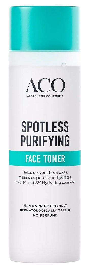 Een witte fles met een teal deksel, gemarkeerd ACO Spotless Purifying Face Toner, helpt uitbraken te voorkomen en hydrateert de huid.