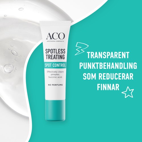Akuputki ACO Spotless Treating -geelille turkoositaustalla, jossa on ruotsalaista tekstiä ja pieniä grafiikoita.